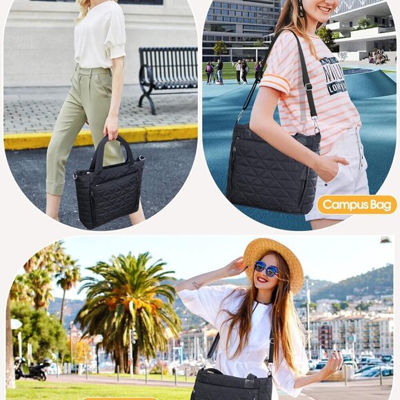 Women's Nylon Puffer Tote Bag with Elastic Cup Slot for Travel and Work - Picture 6 of 7